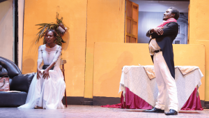 Rebecca and Lauben from Dynamo on stage as Agafya and Pancake in Gogol's play Marriage