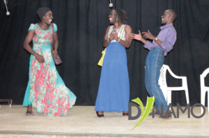 Sibuor (Kato Lauben), Boss (Arthur Kisenyi) and Indondo (Baguma Mathew) in the Dynamo theatre production of Okiya Okiti's Voice of the People